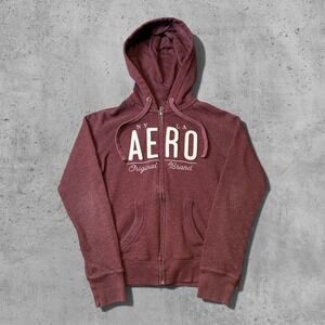 Aeropostale Burgundy Zip Up Hoodie AERO Logo Y2K Retro‎ Skater Size Small
